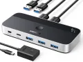 UGREEN USB 3.0 Switch 2 Computers Sharing USB C and A Devices, 4 Port USB Switcher Shareing Keyboard and Mouse, Printer Scanner USB Switch Hub for Two Computers with 2 USB3.0 Cables and Remote. 