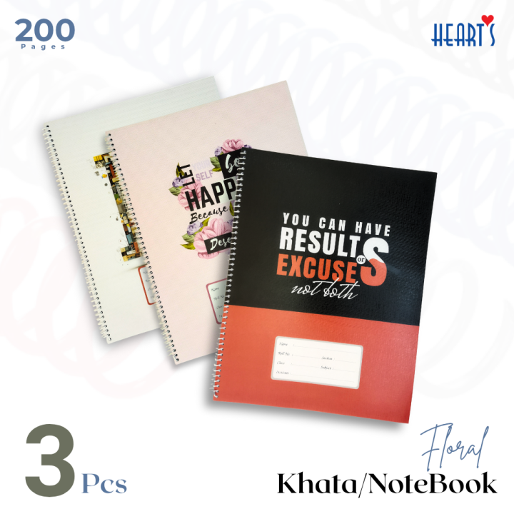 Hearts Floral Spiral Khata – 200 Pages – (3 Pcs of Set) – Stylish Medium Notebook for School, College, Office – Beautiful Floral Cover Design – Smooth Writing Paper