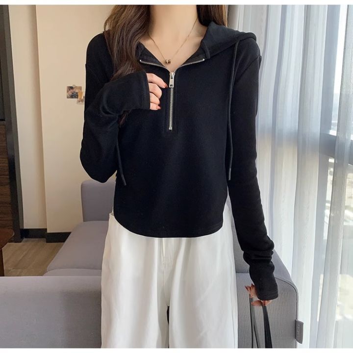 Hooded%20Drawstring%20Long%20Sleeve%20T%20T-shirt%20Women's%20Design%20Sense%20Niche%20Spring%20and%20Autumn%20New%20Minimalist%20Thin%20Korean%20Style%20ins%20Zip%20Top%20-%20Image%204
