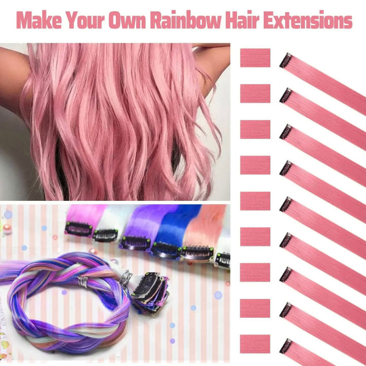 Black%20Friday%2022%20Inch%20Colored%20Pink%20Hair%20Extensions%20Party%20Highlights%20Straight%20Hairpiece%20Clip%20in%20Synthetic%20for%20Kids%20Girls(5%20Pc)%20-%20Image%203