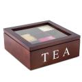 Wooden 9 Grids Tea Box Tea Bags Container Storage Box Square Gift Box Case Transparent Top Lid Jewelry Storage Box-Red  color. 