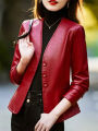 Women Leather Jacket 2024 New Spring Autumn Small Stature High-end Design Waist Closing Temperament Short V-neck Leather Jacket. 