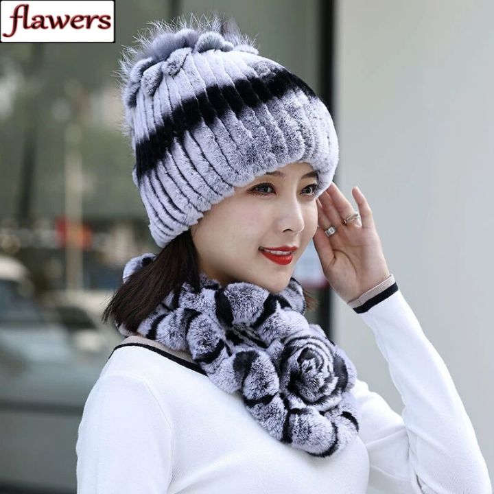New Knitted Women Winter Real Rex Rabbit Fur Hat Scarf Natural Soft Rex Rabbit Fur Cap Scarves Sets For Lady Outdoor Keep Warm