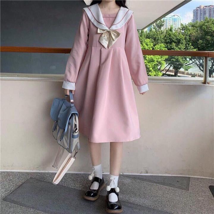 A line Dress Women Sweet Kawaii Japanese Style College Autumn New Sailor Collar Patchwork Bow Fashion Leisure Loose Popular Chic Daraz .bd