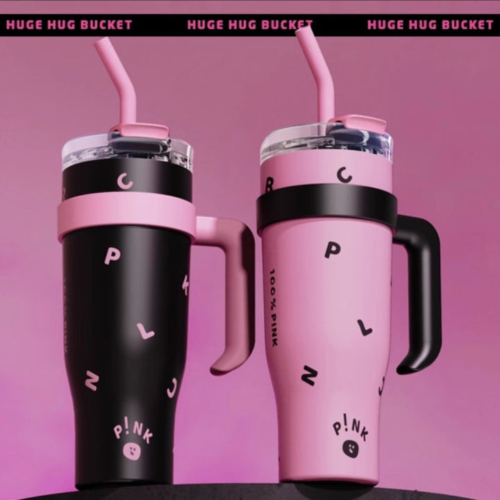 1250ml Kpop Black & Pink Thermal Water Bottle Stainless Steel Tumbler with Handle Straw Cup Portable Car Coffee Mug Drinkware