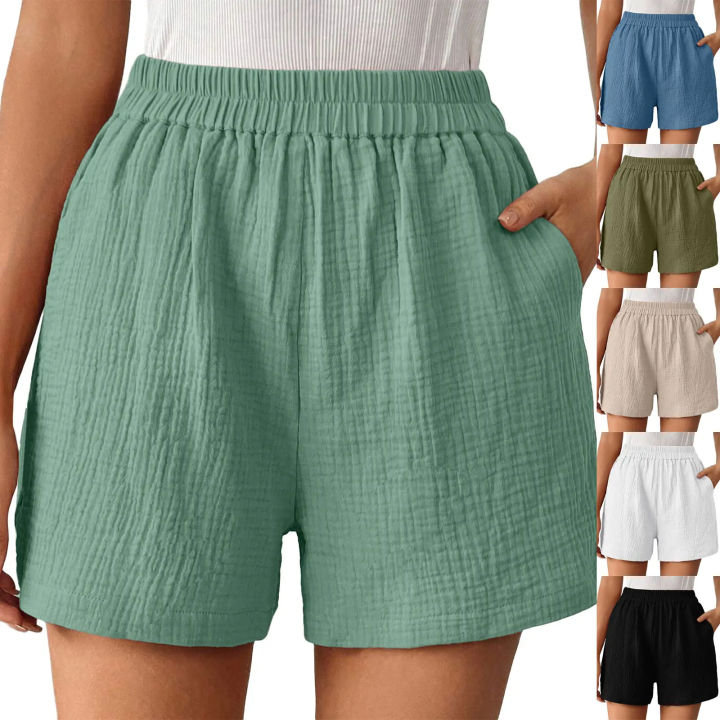 Women's Double Layered Cotton Pleats Shorts Straight Leg Casual Pants High Waist Sports Loose Shorts Fashion Streetwear