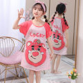 DSstyles Girls Nightgown Cartoon Cute Nightdress Summer Short Sleeves Sleepwear For 3-10 Years Kids.