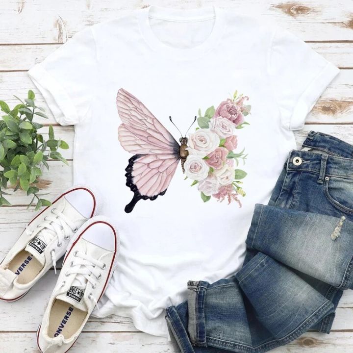 T-shirts Women 2022 Floral Butterfly Cute Vintage Summer Clothing 90s Tshirt Top Lady Print Clothes Stylish 2021 Tee T-Shirt