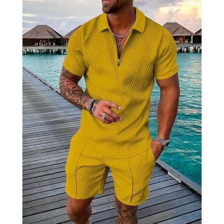 Men's Polo Suit Fashion Men Sets Mesh Printed Streetwear V-neck Short Sleeve POLO Shirt Shorts Two Pieces Men Casual Suit