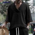 Men Top Men's Retro Applique V Neck Half Sleeve Loose Fit T-shirt Soft Breathable Sports Casual Tee Polyester Half-sleeve Shirt.