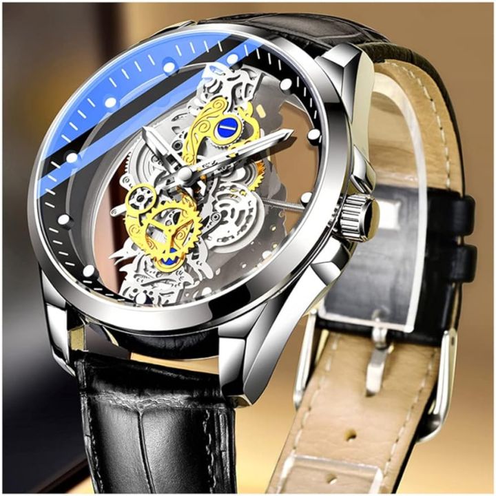 Men's Automatic Movement Watch Round Wrist Watch with Double-sided Hollow for Outside Office Business Meeting
