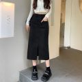 Hong Kong Style Retro Workwear Skirt Women's Fall Mid-Length Straight Split One-Step Skirt Khaki High Waist Denim Skirt. 