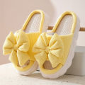 Thick Sole Cartoon Linen Slippers Female Cute Bow Anti-Slip Sweat Home Sandals Four Seasons Family Cotton Slipper For Girls.