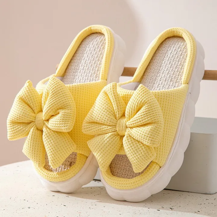 Thick%20Sole%20Cartoon%20Linen%20Slippers%20Female%20Cute%20Bow%20Anti-Slip%20Sweat%20Home%20Sandals%20Four%20Seasons%20Family%20Cotton%20Slipper%20For%20Girls%20-%20Image%202