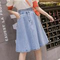 Spring Denim Skirt Women plus Size High Waist Anti-ExposureaElastic Waist Mid-Length Pleated Skirt FatMMOutfit.
