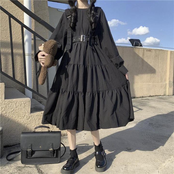 Japanese Harajuku Women Black Midi Dress Gothic Style Suspenders Bandage  Dress Vintage Ruffles Long Baggy Cosplay Costume | Daraz.com.bd