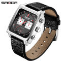 Sanda Hot Selling New Quartz Watch with Three Eyes and Six Needles, Trendy Men's Square Waterproof Band Calendar Watch, One Piece for Shipping.