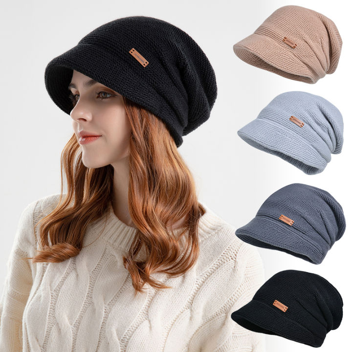 Winter Women Ear Protection Skullies Cap Warm Knitted Pile Hat Fashion Plush Baggy Slouchy Beanie Thick Velvet Windproof Bonnet