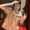 Shirt Women's Summer New Korean Style Versatile Sweet Style Lace Doll Stitching Plaid Slimming Short Sleeve Top.