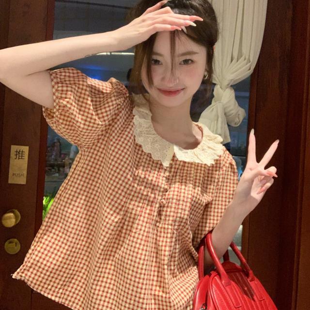 Shirt%20Women's%20Summer%20New%20Korean%20Style%20Versatile%20Sweet%20Style%20Lace%20Doll%20Stitching%20Plaid%20Slimming%20Short%20Sleeve%20Top%20-%20Image%207