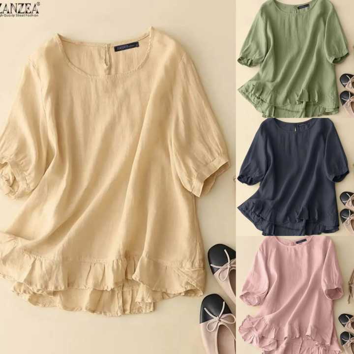 Woman Vintage Solid Blouse Femme Half Sleeve O-Neck Shirt Elegant Casual Tunic Tops Blusas