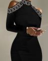 Rhinestone Contrast Mesh Long Sleeve Glitter Bodycon Dress Mock Neck Sheath Dresses for Women Elegant Long Dresses Autumn.