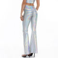 PU Leather Metallic Pants Shiny Holographic Flare Pants Women Girls Bodycon Elastic Waist Bell Bottom Trousers Clubwear. 
