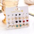 12 Pairs/set Crystal Rhinestone Flower Stud Earring For Women Heart Stars Snowflakes Combination Earrings Jewelry Accessories.