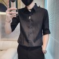 2022 Spring Casual Shirt Men Half Sleeve Slim Fit Business Formal Dress Shirts Social Party Nightclub Stripe Tuxedo Men Clothing. 