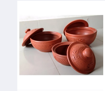 clay items. pottery items. 3 Pieces Clay Curry Bowl Set. Clay Round Curry Bowl Set. Matir Handcrafted Clay Earthen Curry Bowl. Matir Round Curry Bowl Set.