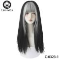 7JHH WIGS Highlighted Grey Black Kinky Straight Synthetic Wigs With Fluffy Bangs For Women Daily Wear Toupee Heat-Resistant Hair.