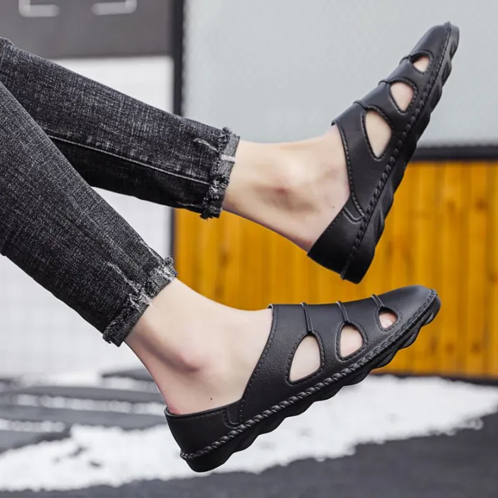Closed-Toe%20Slippers%20Men's%20Summer%20Outdoor%20Non-Slip%20Deodorant%20Beach%20Sports%20Leather%20Sandals%20Hollow%20Driving%20Half%20Slippers%20Vietnam%20Hole%20-%20Image%205