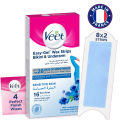 Veet Wax Strips for Bikini Line & Underarm, 16 One-Side Strips (2 Strips Patched Together X 8) & 4 Perfect Finish Wipes for Long Lasting Smoothness, Sensitive Skin, Made in France. 