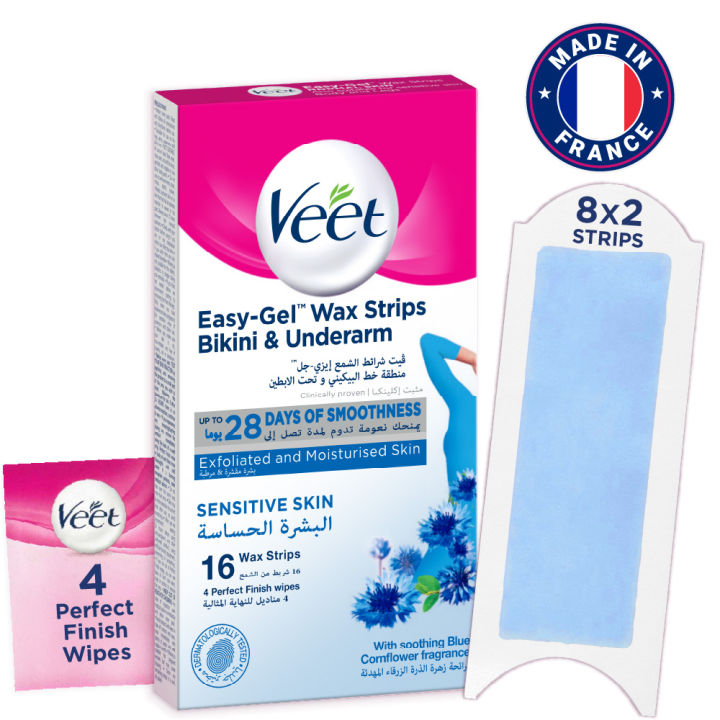 Veet Wax Strips for Bikini Line & Underarm, 16 One-Side Strips (2 Strips Patched Together X 8) & 4 Perfect Finish Wipes for Long Lasting Smoothness, Sensitive Skin, Made in France