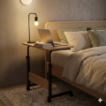 Portable Laptop Table with Wheels Adjustable Height | Study Table for Bed Sofa | Wooden Top Side Desk. 