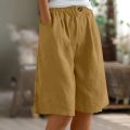 Fashion Solid Color Pants Pocket Button Up Capris Elastic Waist Loose Cotton Linen Women's Shorts.