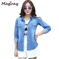 Women Solid Shirt Blue Cotton Blusas Female Tops Korean Casual Long Sleeve Pocket Women's Denim Shirt Camisa Jeans Feminina C323.