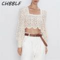 CHBBLF women stylish hollow out blouse square collar long lantern sleeve shirt female elegant solid crop tops blusas BGB9534. 