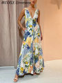 Printed Deep V-neck Dress Women Sleeveless Panelled Female Long A-line Beach Dresses 2023 Summer Street Curved Hem Backless Robe. 