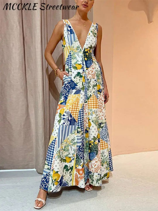 Printed Deep V-neck Dress Women Sleeveless Panelled Female Long A-line Beach Dresses 2023 Summer Street Curved Hem Backless Robe