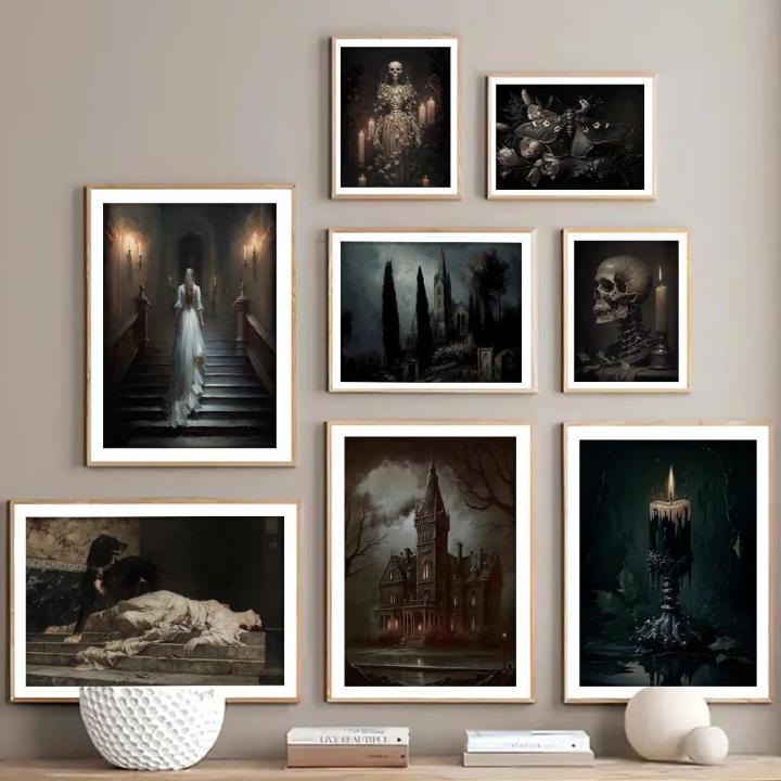 Dark%20Academia%20Art%20Poster%20Prints%20For%20Gallery%20Living%20Room%20Decor%20Gothic%20Skull%20Haunted%20House%20Ghost%20Bride%20Canvas%20Painting%20Wall%20Art%20-%20Image%202