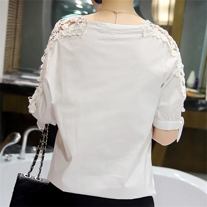 Summer%20New%20off-the-Shoulder%20Shirt%20Large%20Size%20Women's%20Loose%20Korean%20Style%20Hollow%20Top%20Shirt%20Lace%20Bottoming%20Shirt%20-%20Image%204