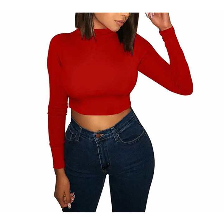 Womens%20Basic%20Top,%20Long%20Sleeve%20Mock%20Neck%20Solid%20Color%20Slim%20Fit%20Crop%20Stretchy%20Blouse%20Tee%20-%20Image%202