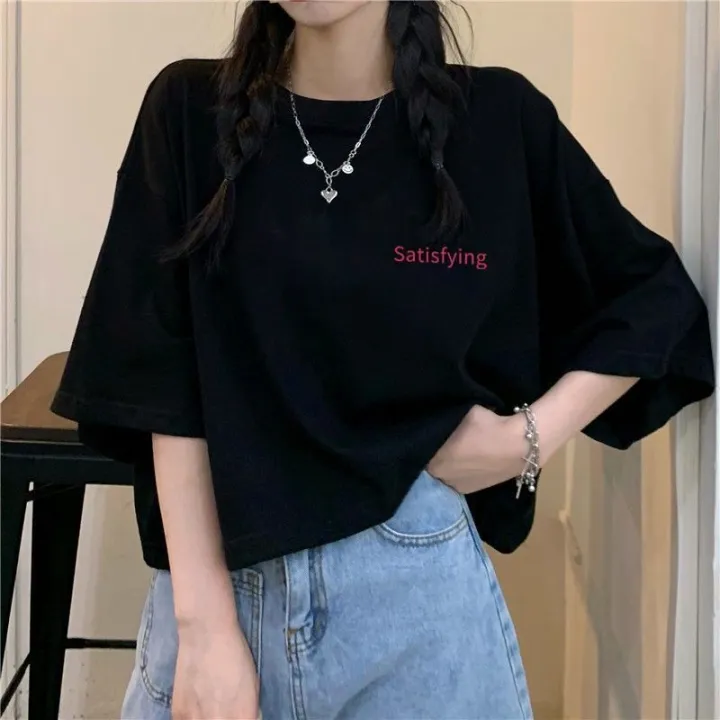 Pure%20Cotton%20ins%20Short%20T%20T-shirt%20Female%20Harajuku%20Style%20Student%20Summer%20New%20Korean%20Style%20Loose%20Black%20Figure%20Flattering%20Short%20Sleeve%20Top%20Fashion%20-%20Image%206