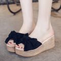 Platform sandals, wedge heels, women's fashion, summer new Korean slippers, heel sandals, loose cake bottom, bow.