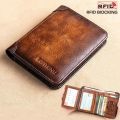 Men Wallet Genuine Leather Rfid Blocking Trifold Wallet Vintage Thin Short Multi Function ID Credit Card Holder Male Purse Money.