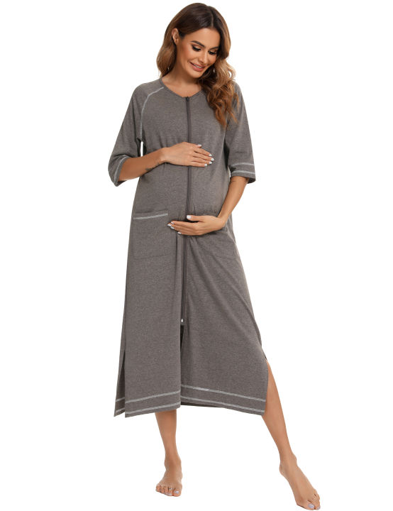 Zipper%20Women%20Sleepwear%20Pajama%20Maternity%20Dress%203/4Sleeve%20Nursing%20Baby%20Breastfeeding%20Nightdress%20Pregnancy%20Dress%20%D0%BF%D0%B8%D0%B6%D0%B0%D0%BC%D0%B0%20%D1%85%D0%BB%D0%BE%D0%BF%D0%BE%D0%BA%20-%20Image%204