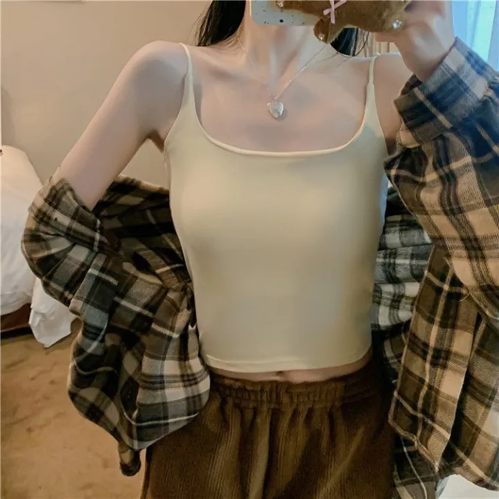 Korean%20Style%20Solid%20Color%20Hot%20Girl%20Vest%20Camisole%20Women's%20Western%20Style%20Autumn%20and%20Winter%20with%20Chest%20Pad%20Drawstring%20Slim-Fit%20Low%20Collar%20Top%20-%20Image%202