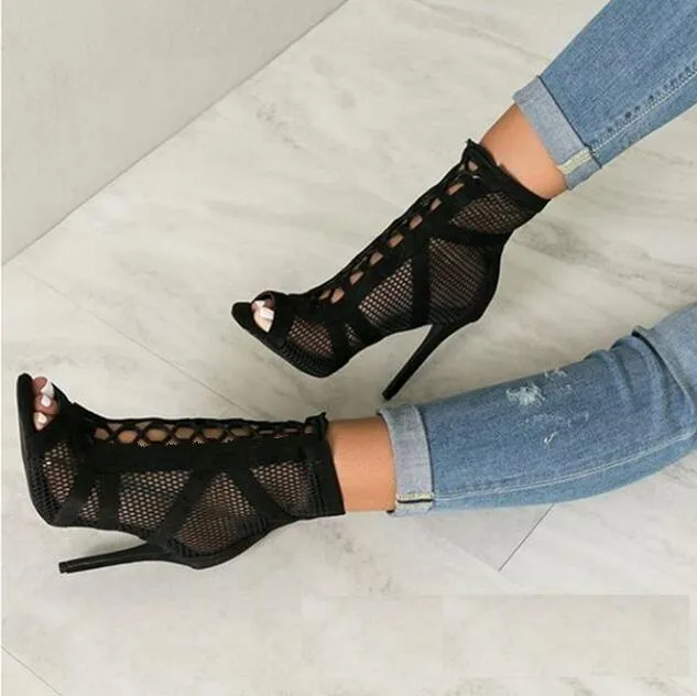 New Fashion Show Black Net Suede Fabric Cross Strap High Heel