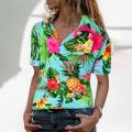 2022 Summer Flower Leafs Printed Hawaiian Shirts Women Short Sleeve Beach Shirts Casual Holiday Party Vacation Blouse Tops Tee.